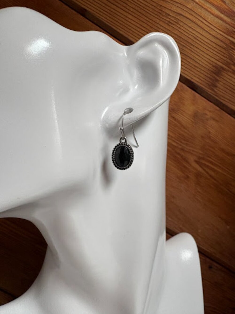Black Stone Teardrop Earrings With Silver-tones.
